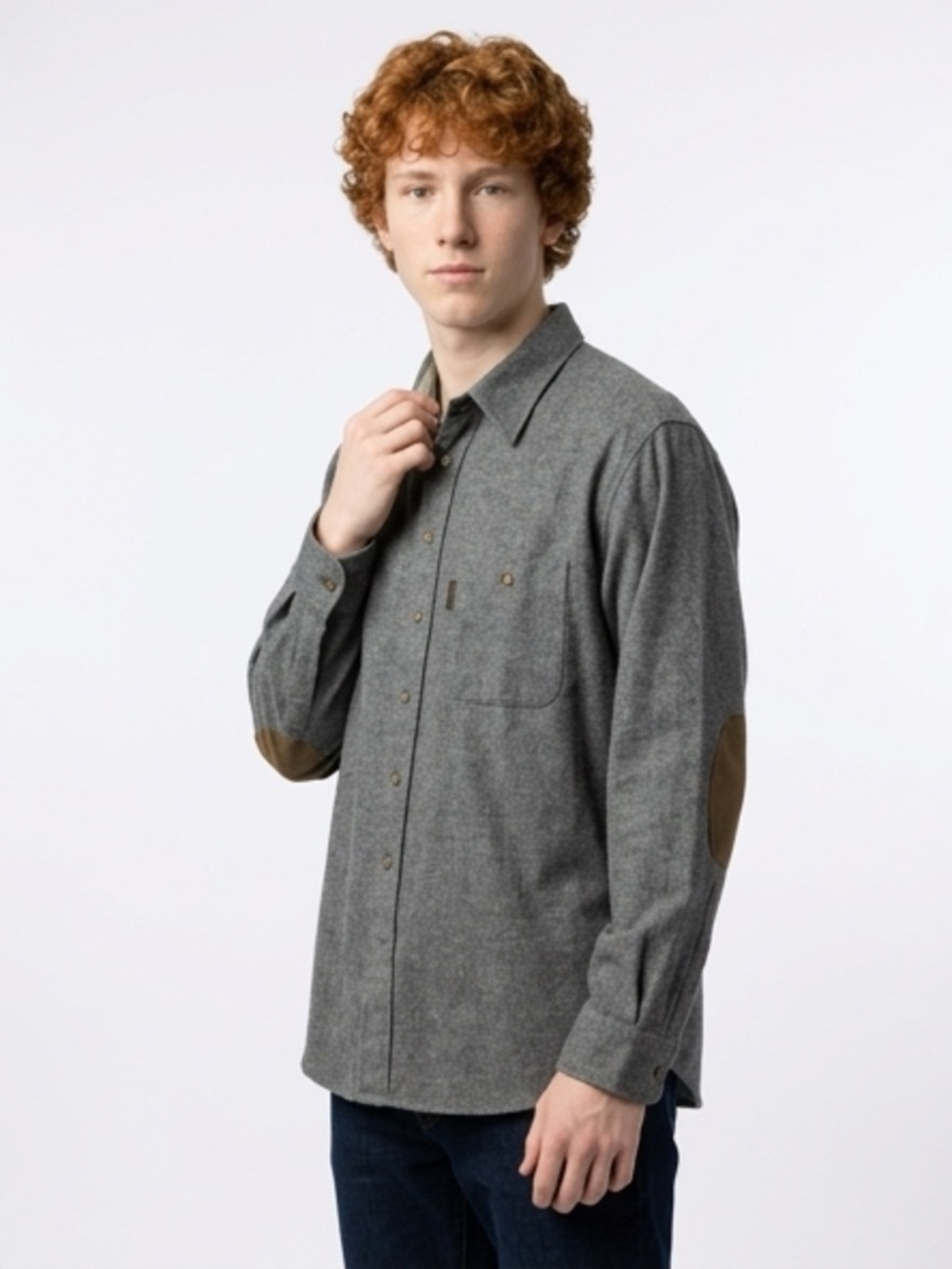 Pendleton Gray Button-Down Shirt with Brown Elbow Patches